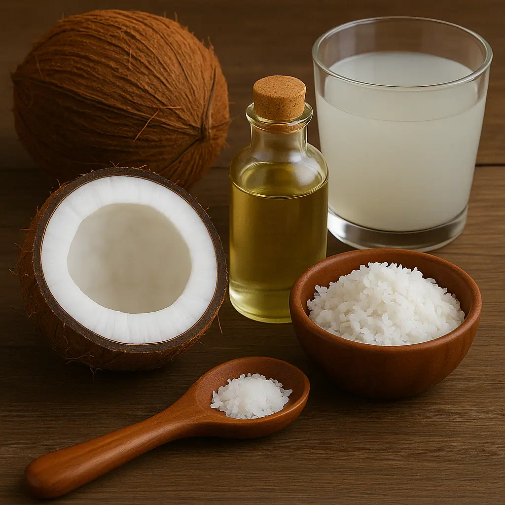 Coco abierto con aceite y leche de coco