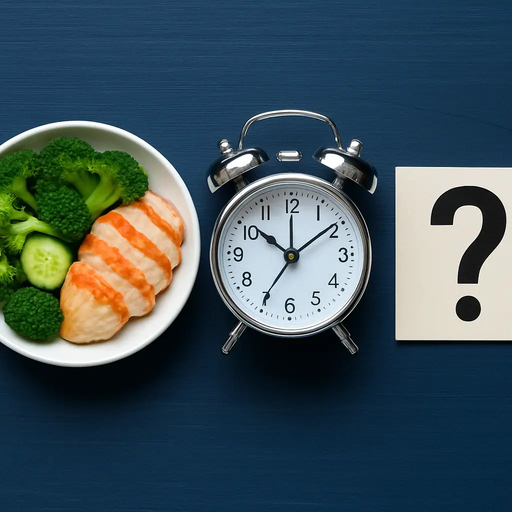 Reloj despertador junto a alimentos saludables