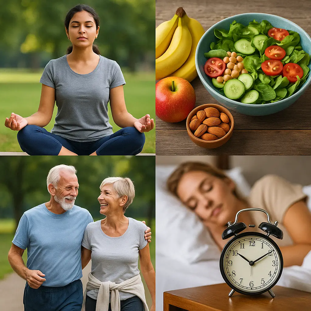 Personas realizando hábitos saludables como ejercicio y descanso