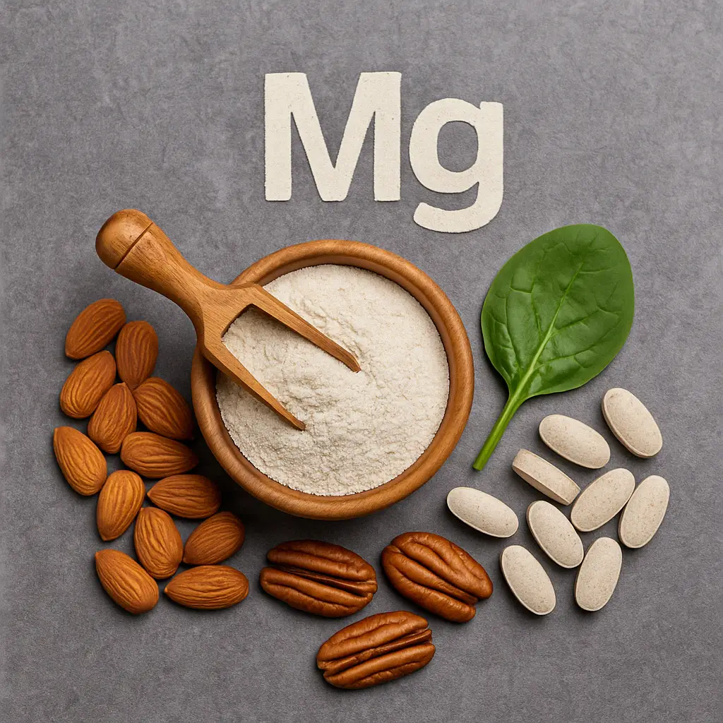 Alimentos ricos en magnesio junto al símbolo Mg