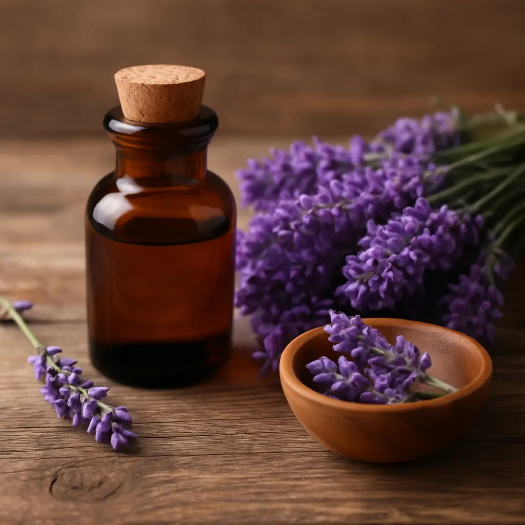 Aceite esencial de lavanda con flores secas
