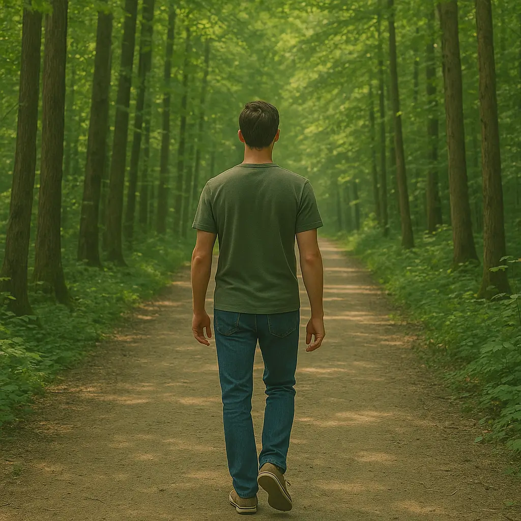 Persona caminando entre árboles en un entorno natural