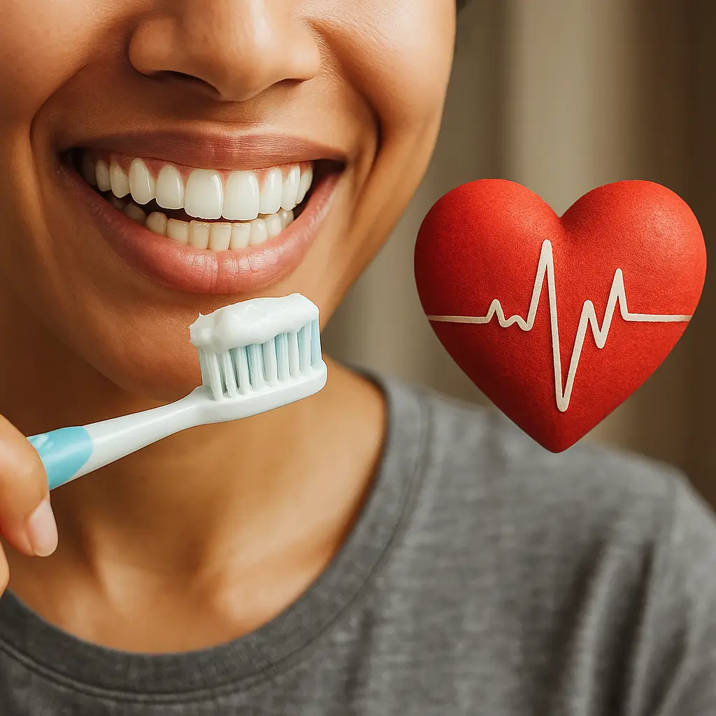 Persona cepillándose los dientes con símbolo de corazón
