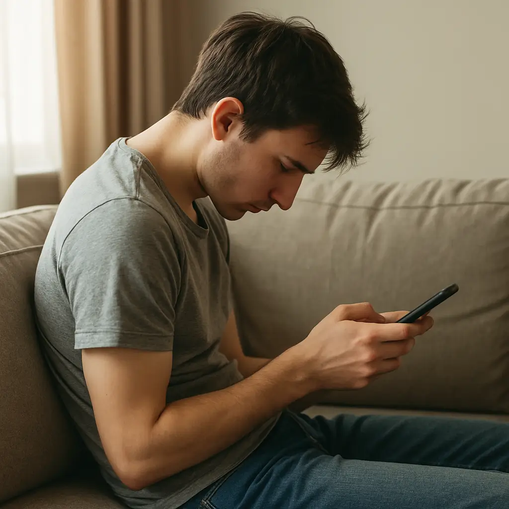 Hombre mirando el móvil con mala postura corporal