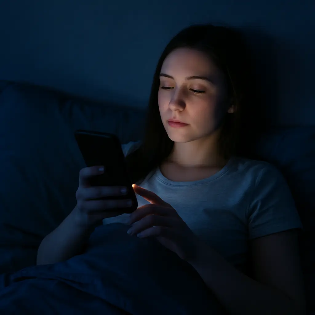 Mujer usando el móvil en la cama de noche