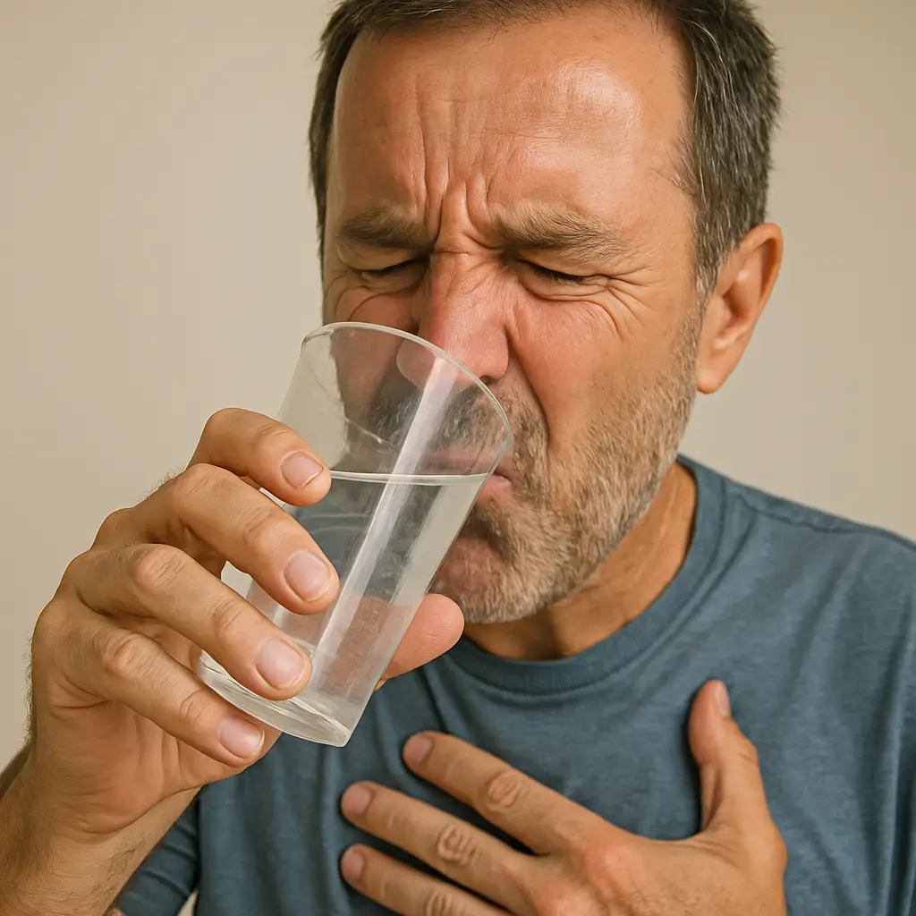 Hombre bebiendo agua en un vaso de plástico